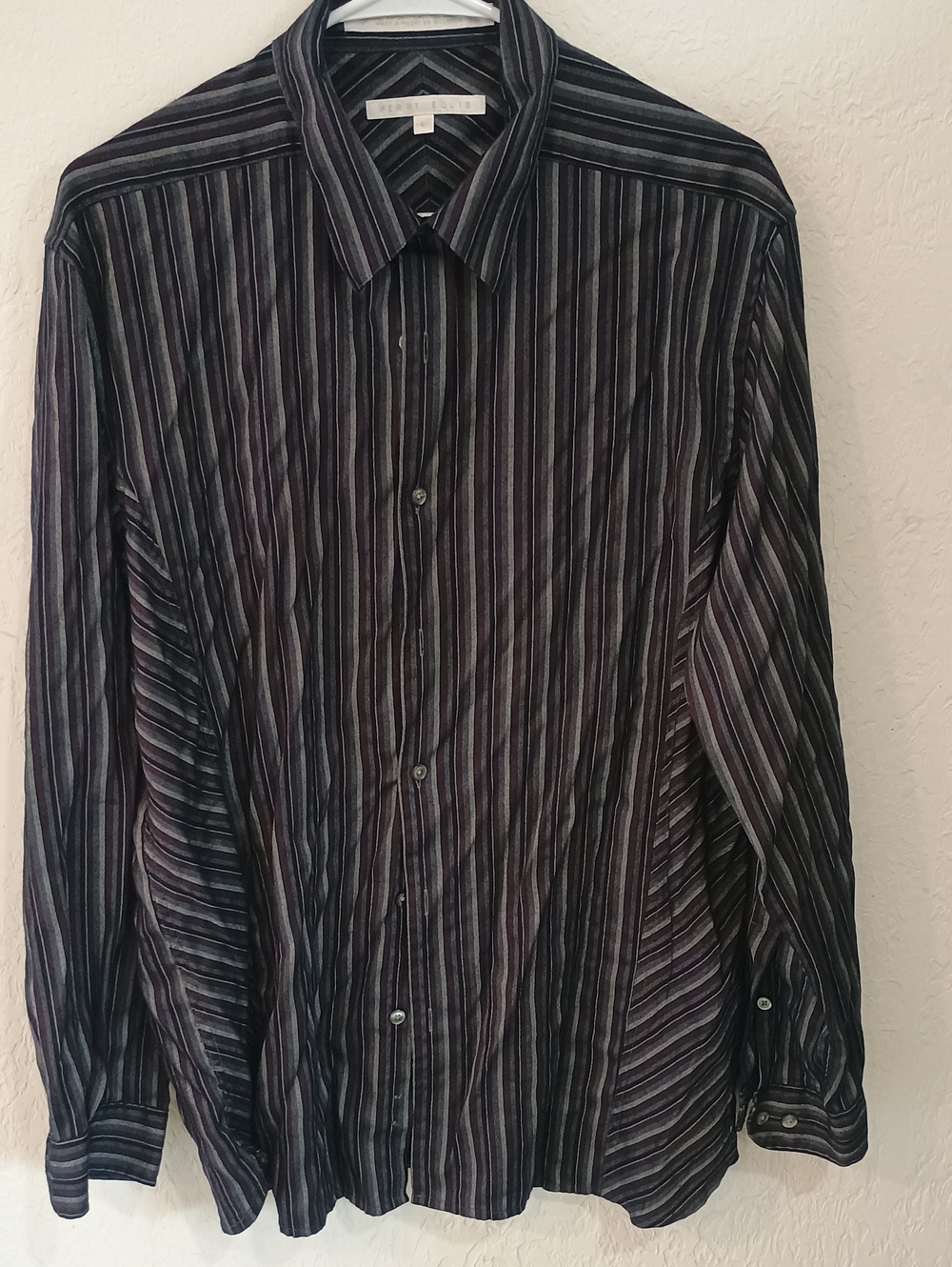 Perry Ellis Men's Vertical Stripe Dress Shirt - Black & Purple